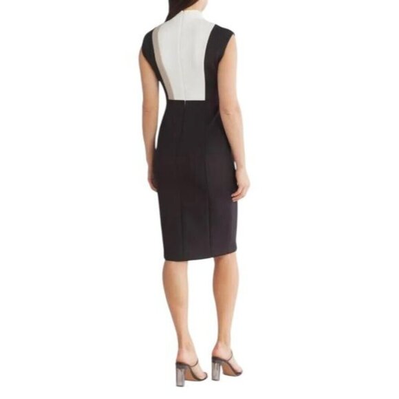 Calvin Klein Womens Black Cream Color Block Mock Scuba Sheath Dress Sz 12 New - Picture 2 of 9